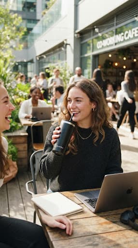 Imagem-conceito: pessoa usando um copo térmico preto num café